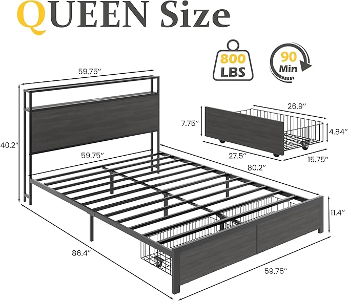 Lifezone Queen Bed Frame with 2-Tier Storage Headboard, Bedroom Metal Bed Frame with 2 Storage Drawers & Fast-Charging Station & LED, Noise-Free, No Box Spring Needed, Easy Assembly, Rustic Grey