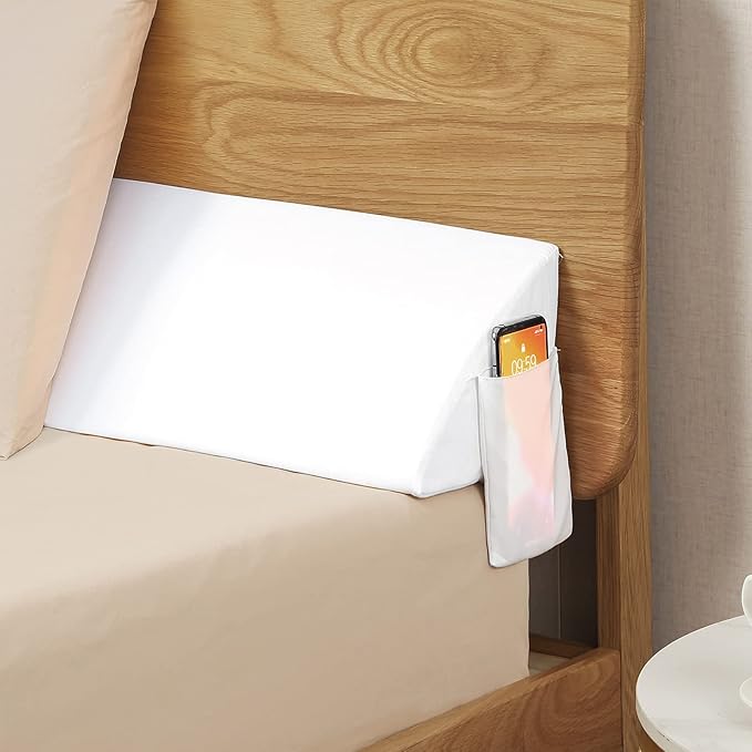 Vekkia Bed Wedge Pillow for Headboard – High-Density Foam Fills Gaps (0-5.5") Between Mattress and Headboard, Wedge Pillow with Pockets for Phone & Remotes, Washable Cover – King Size (White)