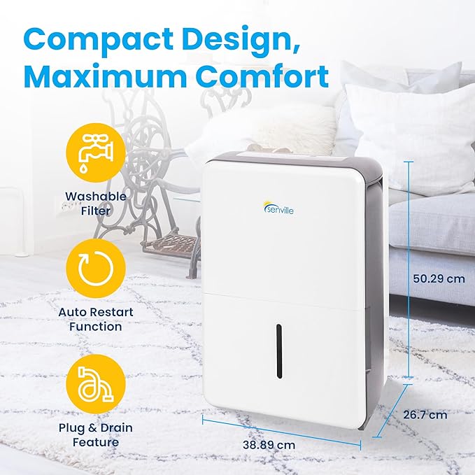 Senville 20 Pint Dehumidifier, Energy Star Certified, Washable Filter, Ideal for Basements, Bedroom, Living Space, Energy Star, Washable Filter, Up to 1,500 Sq. Ft., White