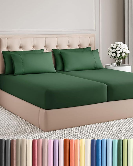 Split King 7 Piece Sheet Set - Comfy, Breathable & Cooling - Soft Hotel Luxury Bedding for Women, Men, Kids, Teens and Children - 1 Flat & 2 Fitted Sheets & 4 Pillowcases with Deep Pockets - Emerald
