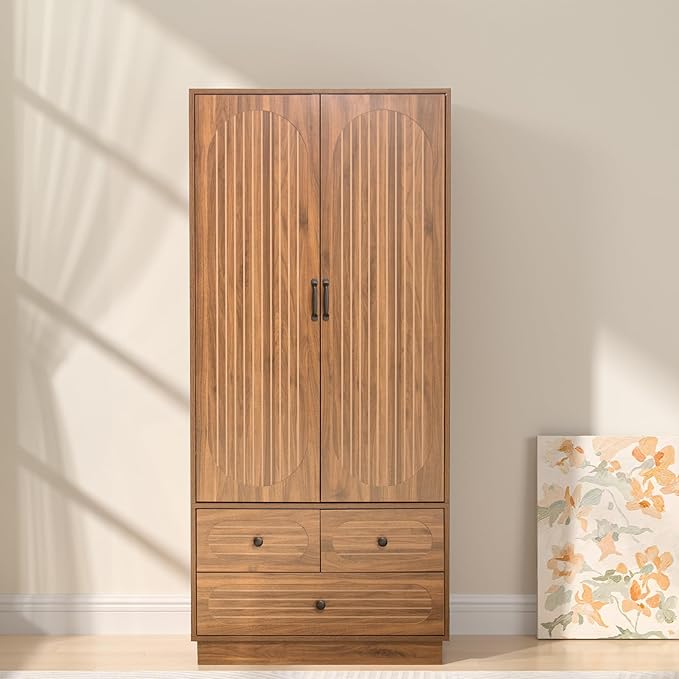 Jluomei Armoire Wardrobe Closet with Doors, Wardrobe Cabinet with 3 Drawers, Wooden Large Clothing Storage Cabinet with Hanging Rod and Shelf, Mid-Century Modern Tall Closet for Bedroom, Walnut | with Doors, Wardrobe Cabinet, with 3 Drawers, with Hangi...