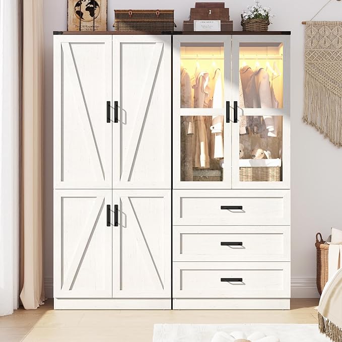 75" Tall Farmhouse 4 Doors Armoire Wardrobe Closet with 3 Drawers and LED,Freestanding Closet Wardrobe Cabinet for Bedroom with Hanging Rod,Wooden Armoire Storage Cabinet Adjustable(Rustic Off White)