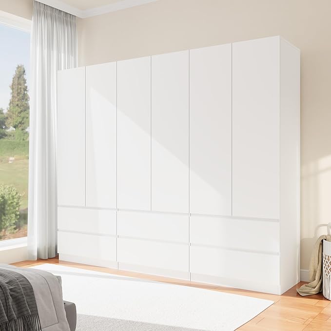 Armoire Wardrobe Closet with 6 Doors, Wooden Wardrobe Cabinet with 6 Drawers, Hanging Rod & Shelves, Freestanding Closets for Bedroom (White, 3)