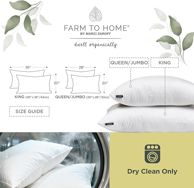 Farm to Home Feather and Down Pillows, 100% Organic Cotton Cover Pillows, Luxury Hotel Collection Bed Pillows for Sleeping, 20" x 28" Queen/Jumbo Size Set of 2