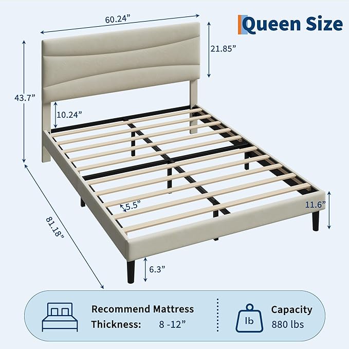 IDEALHOUSE Queen Size Upholstered Platform Bed Frame with Ergonomic Headboard, Beige Soft Fabric, Heavy Duty Wooden Slats, Noise-Free, 6.3" Underbed Storage, No Box Spring Needed, Easy Assembly