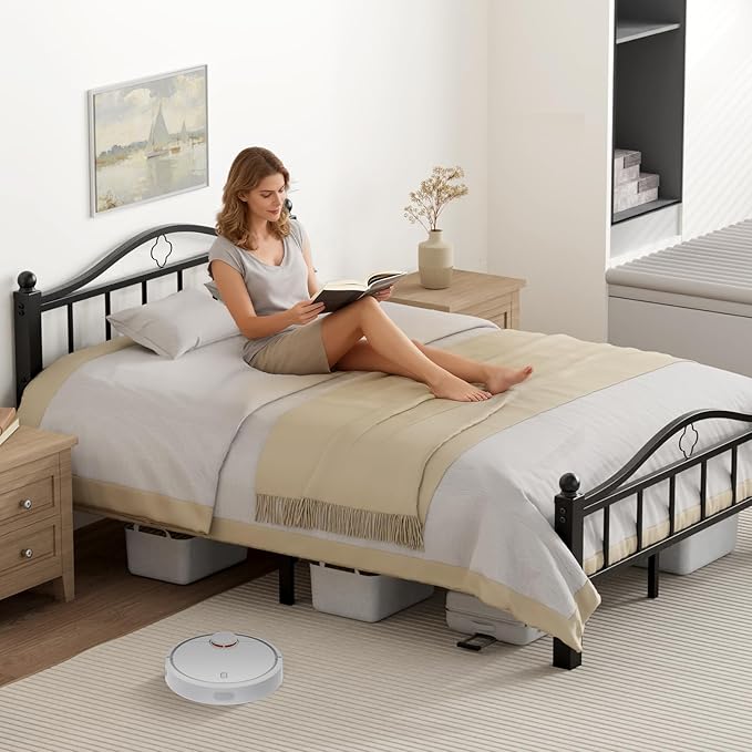 Metal Full Size Bed Frames with Headboard, 1500lb No Squeak Metal Platform with Headboard, 12" Underbed Storage, Tool-Free 30-Min Assembly No Box Spring Needed for Dorms/Apartments