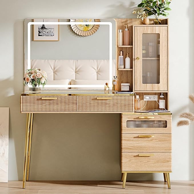 Arulvmrn Vanity Desk with 29.53" HD Lighted Mirror, 47.24" Big Modern Vanity Desk with Mirror and Lights, Makeup Vanity with 5 Drawers and Storage Shelves and Charging Station, Oak