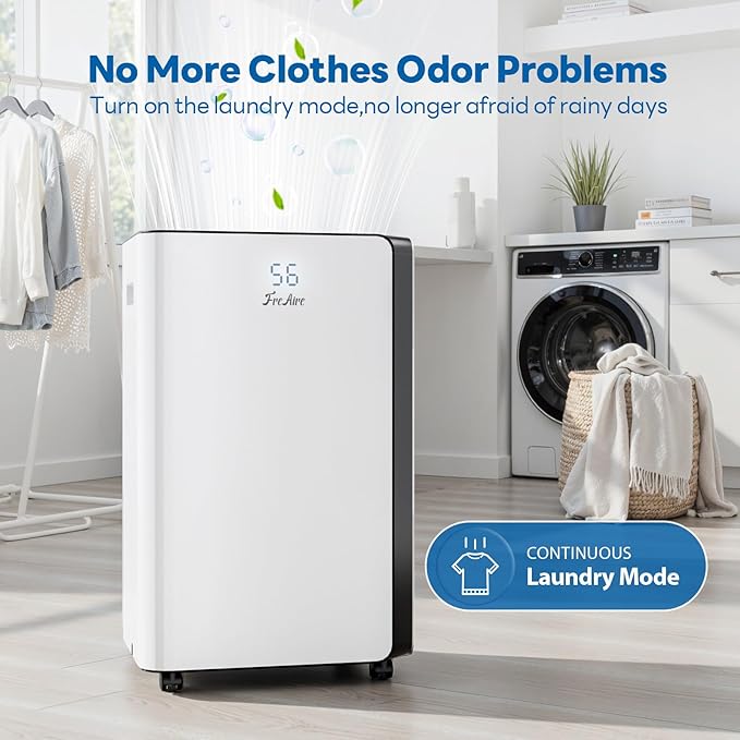 FreAire 54Pint Dehumidifier for 4500Sq.Ft, Compressor Dehumidifiers for Home, Front Humidity Value Display&Quiet Dehumidifier for Basement, Bedroom, Bathroom, with Drain Hose, 1.13 Gallon Water Tank