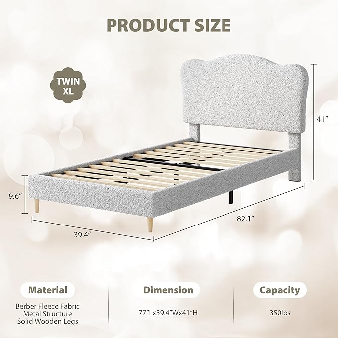 GarveeHome Kids Twin XL Bed Frame with Adjustable Headboard, Sherpa Fleece Upholstered Modern Platform Bed Frame with Sturdy Wood Slats, No Box Spring Needed, Easy Assembly, Light Grey
