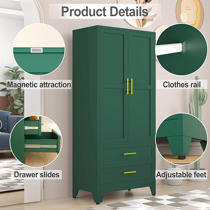 RIETERN Metal Armoire Wardrobe Closet, 71" Tall Bedroom Closet with 2 Drawers, Adjustable Shelves, and Hanging Rod, Steel Clothes Closets and Storage, for Bedroom Green
