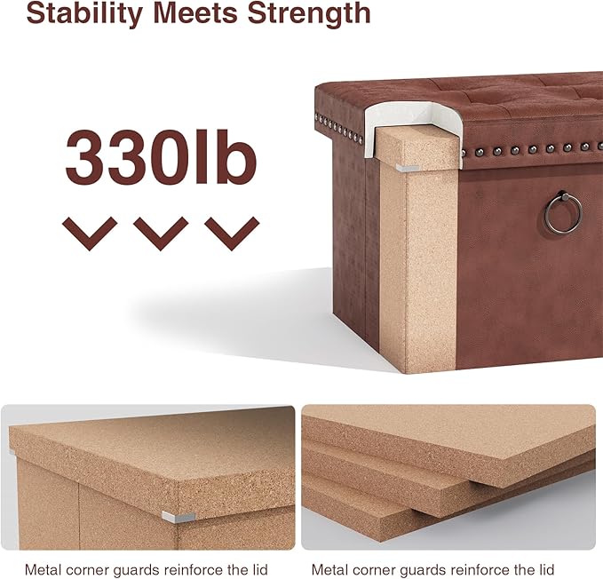 Ottoman Faux Leather Storage Ottoman Bench, Rectangular Storage Ottoman for Bedroom End of Bed, Brown Leather Footrest Ottoman with Toy Blanket Storage 16" D x 12" W x 12" H (Small)