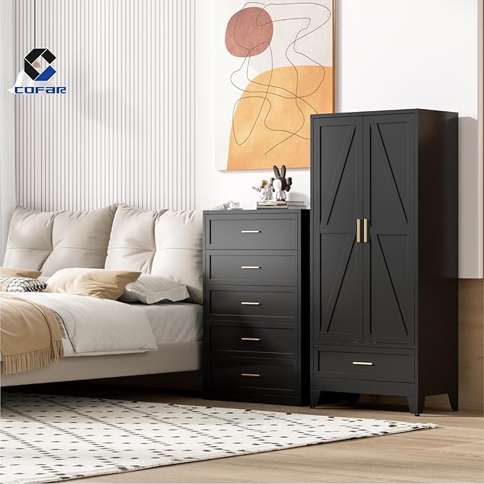 COFaR Metal Wardrobe Closet with Doors, 71'' Tall Armoire Wardrobe Closet with Drawer and Hanging Rod, Freestanding Farmhouse Bedroom Armoires for Bedroom Garage Office, Black