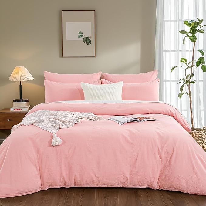 NEXHOME PRO Duvet Cover Queen 100% Washed Cotton, Organic Natural Linen Like Textured, Breathable, Durable, Home Bedding Set, Heathered Pink 9090
