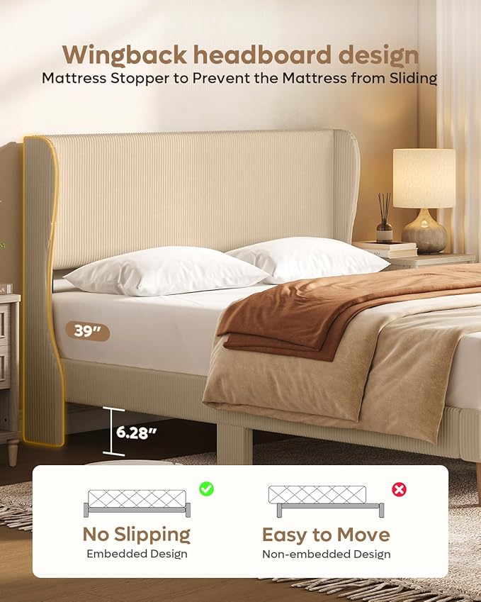 Bestier Queen Bed Frame with Wingback Headboard,Upholstered Platform Queen Size Bed with Strong Wooden Slats,No Box Spring Needed,Never Squeaks,Easy Assembly,Taupe