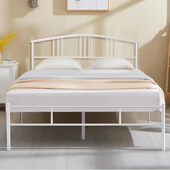 VECELO 14 inch Full Bed Frame White Beds Metal Platform Mattress Foundation with headboard Footboard Steel Slat Support/No Box Spring Needed/Easy Assembly