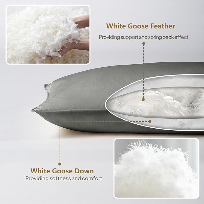 Goose Down Pillows King Size Set of 4, Hotel Quality Bed Pillow for Sleeping 4 Pack, 900 Fill Power Natural White Goose Feather Pillows with 700 TC 100% Organic Cotton Shell, 18"x36" Dark Grey