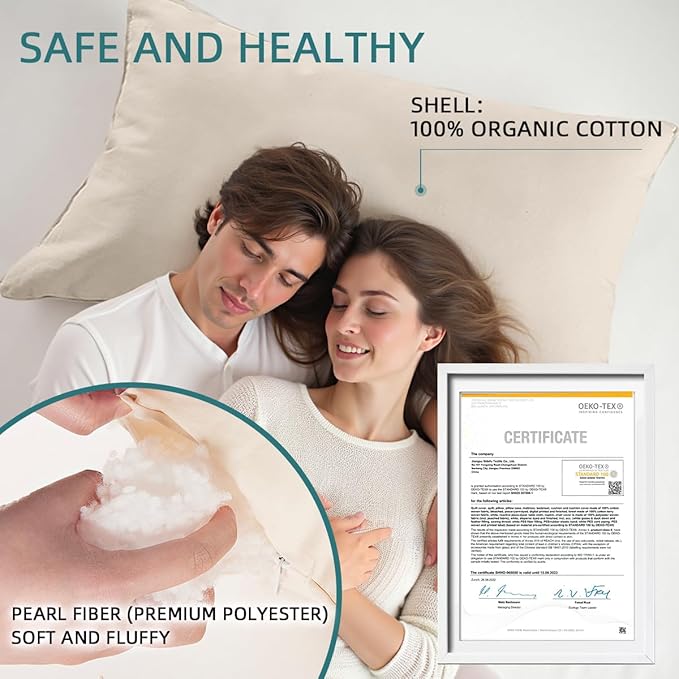 Organic Pillow with Pillowcase - 20x36 King Size Pillow with 100% Organic Cotton Shell, Adjustable Loft Organic King Plilow, Machine Washable, Soft, Perfect for Adults&Couples