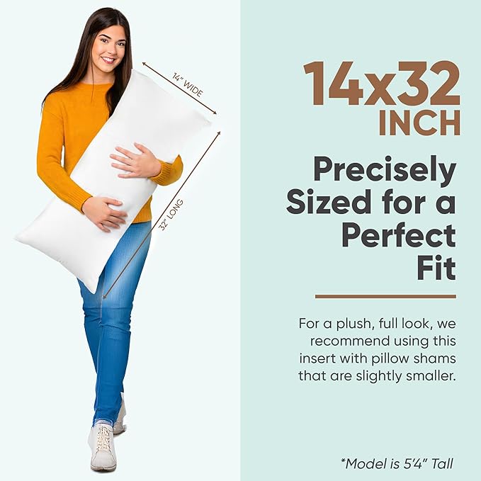 Pillowflex Synthetic Down Pillow Insert - 14x32 Down Alternative Pillow, Ultra Soft, Large Rectangle Body Sleeping Pillow, Lumbar, Long, Back - 1 Decorative Pillow Form