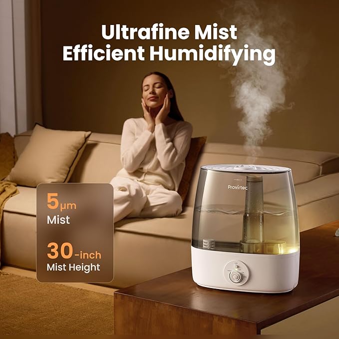 Provirtec 6.5L Stay Clean Tank Humidifier for Large Room, Low Maintenance, Top Fill Design, Ultra Quiet 65H Runtime, Cool Mist Ultrasonic for Bedroom, Home, Plants HC12