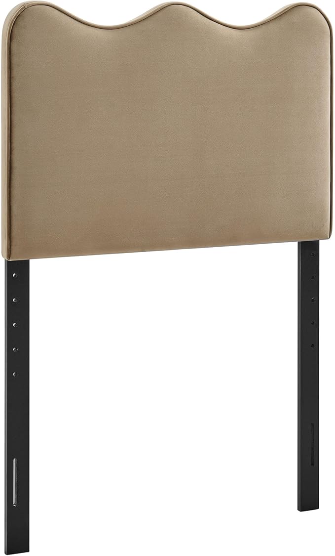 Monday Athena Twin Size Performance Velvet Adjustable Headboard in Taupe - with Scalloped Wave Design and Stain-Resistant Velvet Upholstery