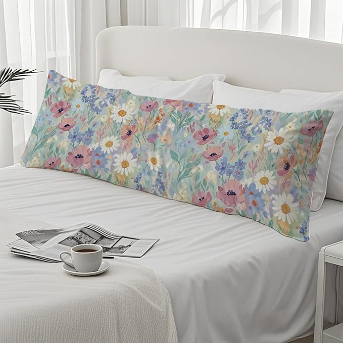 Spring Floral 20x54 Body Pillow Cover, Spring Home Room Decor, Pastel Cottagecore Botanical Wildflower Decorative Long Body Pillow Cases for Bed Couch