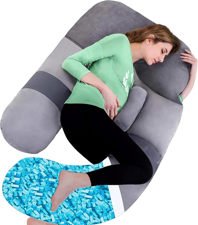 Shredded Memory Foam Body Pillow, Pregnancy Pillows for Sleeping, Maternity Pillow for Pregnant Women, Memory Foam Filling U Shaped Body Pillow with Velvet Cover (Gray, 60 inch)