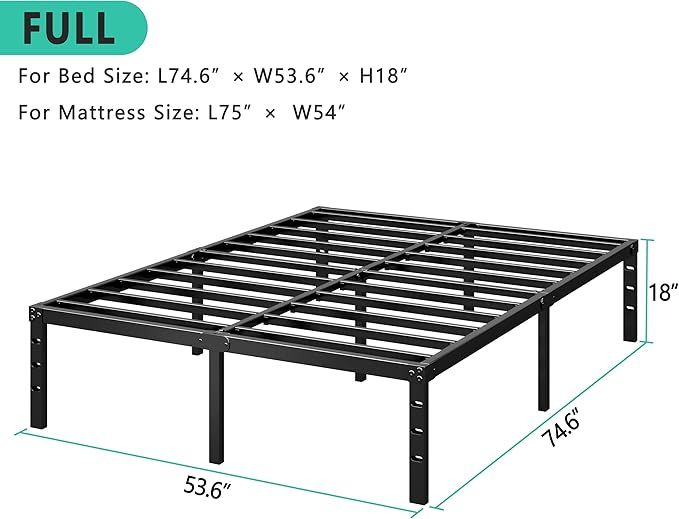 HLIPHA Metal Platform Bed Frame 18 Inch Tall,No Box Spring Needed,Full Size Bed with Heavy Duty Strong Support Slats,Easy to Assemble,Black