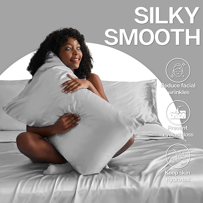 MR&HM Satin Pillowcase for Hair and Skin, Silk Satin Pillowcase 2 Pack, Standard Size Pillow Cases Set of 2, Silky Pillow Cover with Envelope Closure (20x26, Silver Grey)