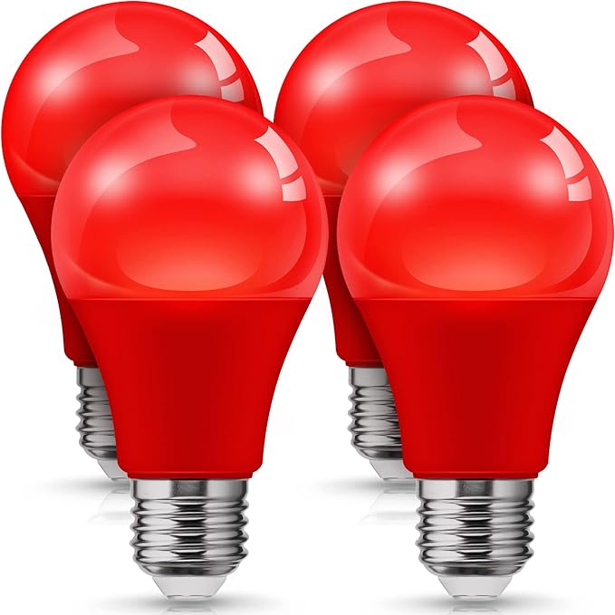 L LOHAS LED Red LED Light Bulbs, A19 9W (60W Equivalent) Christmas Red Colored Light Bulb Indoor, E26 Base, Non-Dim, 4 Pack