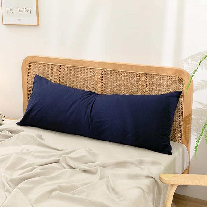 BESTOUCH 100% Washed Cotton Pillowcase for Hair and Skin Linen Feel Soft Comfortable Breathable 1 Pcs Pillow Case with Envelope Closure Solid Navy Blue Body 20x54 Inches