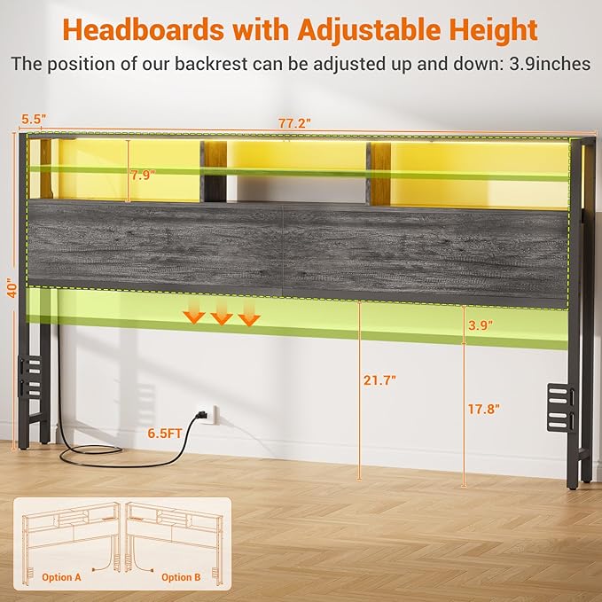 Aheaplus Headboard for King Size Bed with Storage, Headboards with Outlets, USB Ports and LED Light, King Size Head Board Only, Height Adjustable, Reversible, Sturdy and Stable Headboard, Black Oak