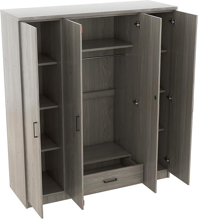 67.9" H Large Wardrobe Closet with 4 Doors, Freestanding Armoire Wardrobe Closet with Locking Drawer, Shelves and Hanging Rod, Wooden Bedroom Coat Closets Cabinet for Clothes, Gray
