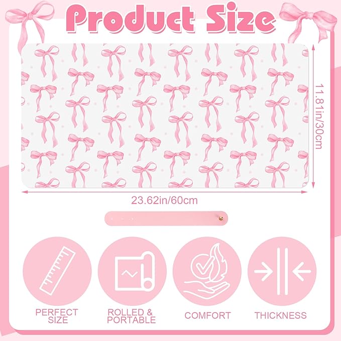Teenyyou Coquette Bow Makeup Mat for Vanity Top Protector Graduation Gift Dual Side Leather Desk Mouse Pad Girly Waterproof Nonstick Dressing Accessories for Women Home Office(Pink,11.8"x23.6")