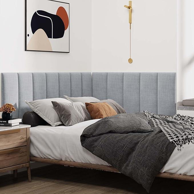 IFNOW Upholstered Wall Mounted Headboard, 3D Soundproof Wall Panels Peel and Stick for King Size, Reusable and Removable Tufted Bed Headboard in Light Grey (12 Panels, 10" x 24")