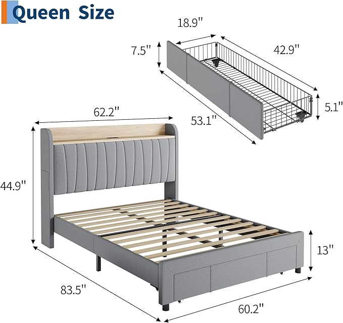 Garvee Upholstered Bed Frame Queen Size with Storage Headboard and Charging Station, Platform Bed Frame with Drawers, Heavy Duty, No Box Spring Needed, Easy Assembly, Light Grey