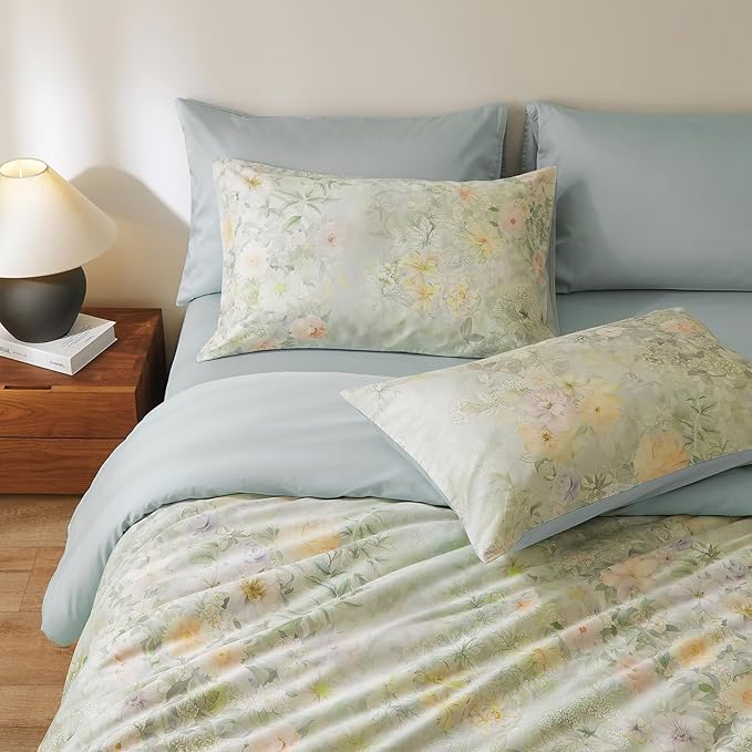 VM VOUGEMARKET Sage Green Floral Duvet Cover Set King, Premium Long-Staple Cotton Comforter Cover,Silky Breathable Watercolor Flower Bedding for Elegant Bedroom Atmosphere