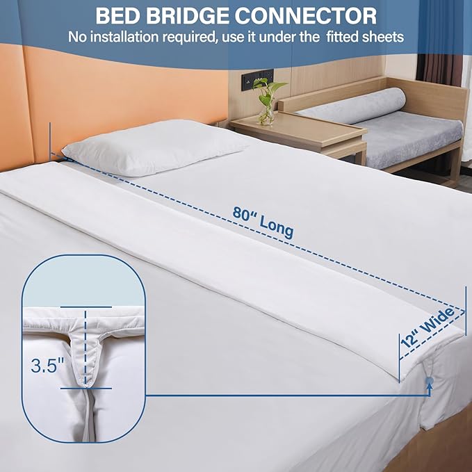 Vekkia 80" x 12" Twin XL/Twin to King Converter with Internal PE Support Sheet & High-Density Foam, Split King Gap Filler for Adjustable Bed, Guest Room, Vacation Rentals, Hotel, Washable Cover