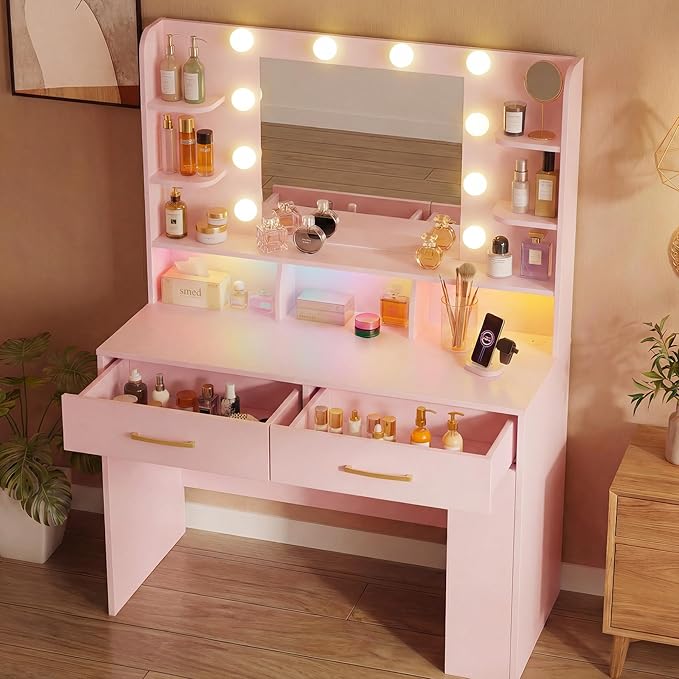 LUCKRACER Vanity Desk with LED Lights Mirror & Charging Station, Makeup Vanity with Storage Drawers and Shelves, Modern Dressing Table for Women Girls Bedroom, Pink