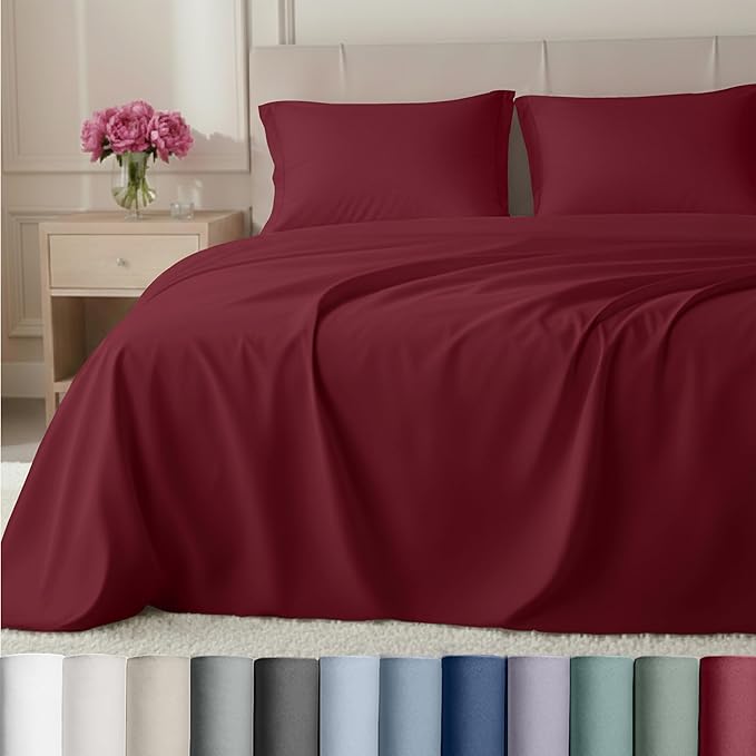California Design Den Natural 100% Cotton Sheets King Size Deep Pocket Set - Luxury Hotel 800 Thread Count Sateen, King Size Sheets Set, Snug Fit and Durable Bedding - Red Wine