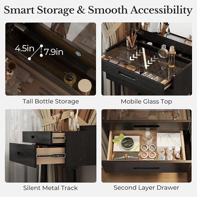 Muwuele Solid Wood Small Vanity Desk with Mirror and Lights, Narrow Makeup Vanity for Small Space, Flip Top Vanity Side Table, 3 Color Modes & Adjustable Brightness, 23.6" Slim Dressing Table, Black