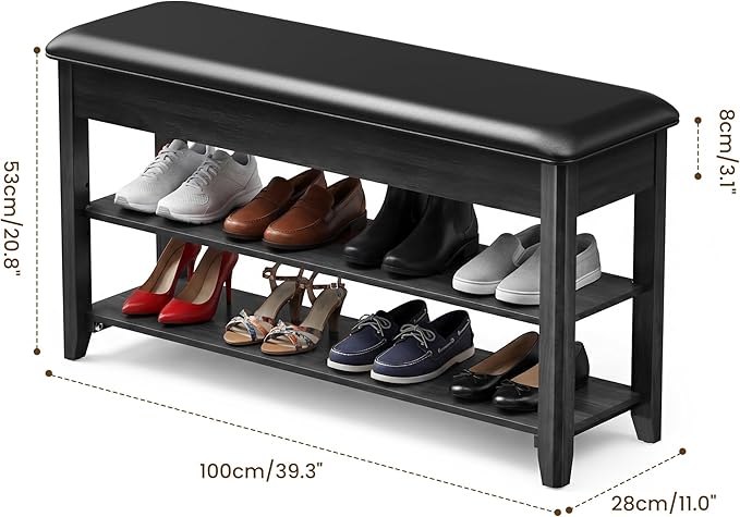 LBT Shoe Bench with Storage, Solid Rubberwood Shoe Storage Bench with Cushion, 2-Tier Shoe Rack for Entryway, Shoe Rack Bench with Deep Hidden Compartment and Stay-Open Hinge, 550lb Capacity Black