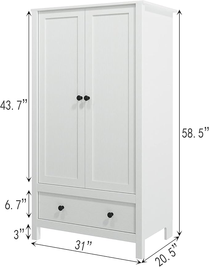 Panana 2 Door Wardrobe, Armoire with Drawer for Bedroom (White)