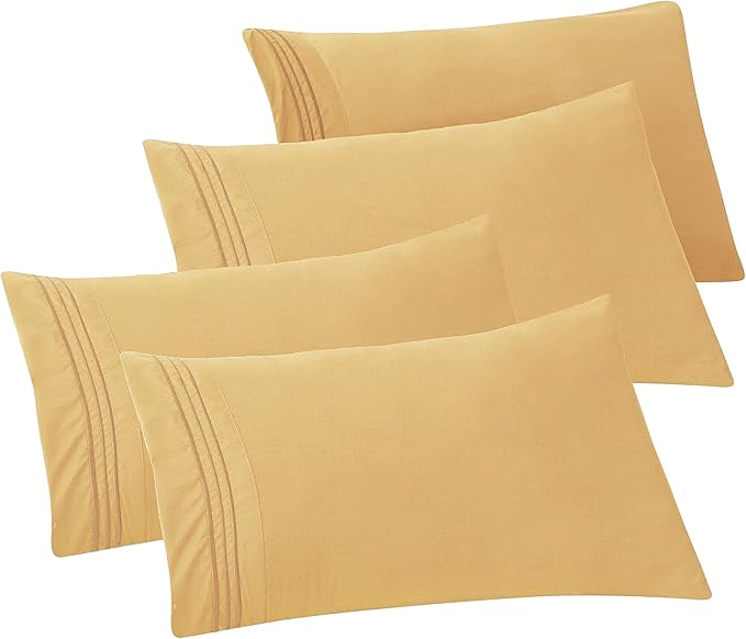 Elegant Comfort 4-PACK Solid Pillowcases 1500 Premium Hotel Quality Microfiber - Smooth Weave, Wrinkle and Stain Resistant, Easy Slip-On, 4-Piece Set, Standard/Queen Pillowcase, Gold