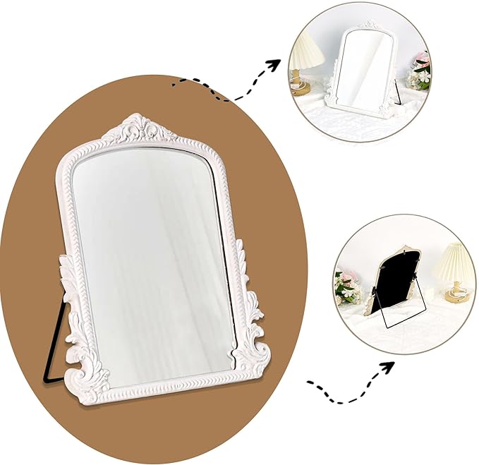 HSDDHOME 11.8" x 9.6" Small White Arched Vanity Mirror, Vintage Makeup Mirror Baroque Style Arendahl Carved Mirror with Frame for Desk Decorative Table Aesthetic for Dresser,Bedroom,Living-Room
