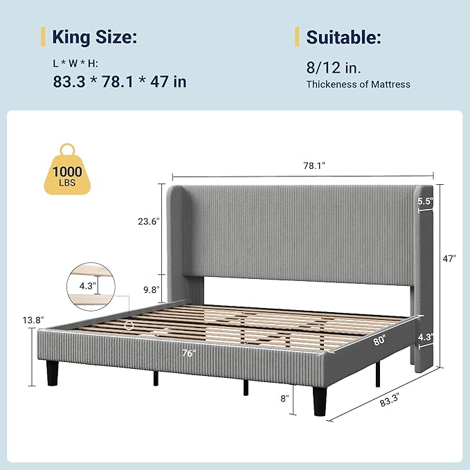 Allewie King Size Bed Frame with Upholstered Wingback Headboard, Vertical Channel Tufted Corduroy Velvet Platform Bed, Strong Wooden Slats Support, No Box Spring Needed, Easy Assembly, Light Grey