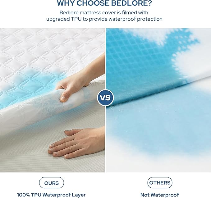 BEDLORE Waterproof Mattress Protector, Noiseless RV Queen Size Mattress Pad with Deep Pocket Fitted Up to 6-18 inches, Soft Breathable Dirt-Proof Bed Mattress Cover for Bedroom(White)