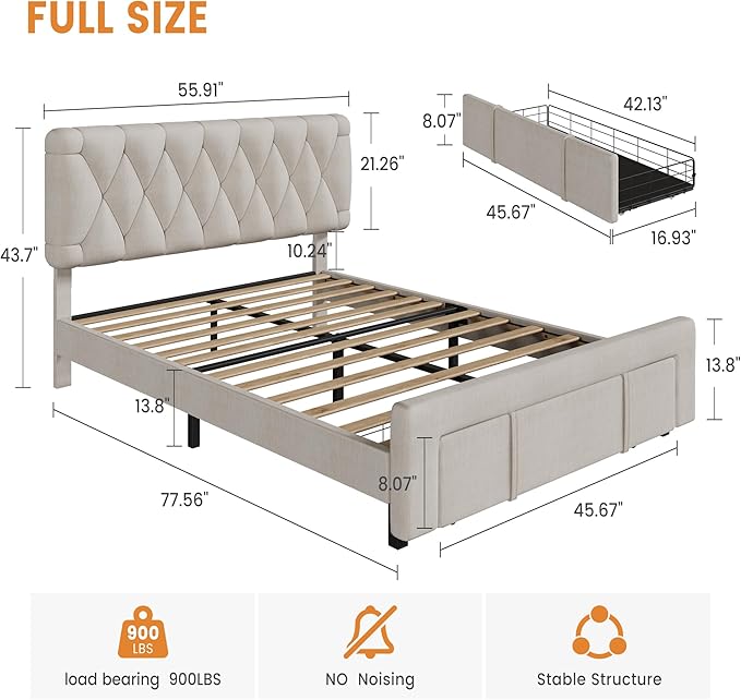 GarveeHome Full Size Bed Frame, Upholstered Platform Bed Frame with Storage Drawers, Mattress Foundation with Solid Wooden Slats Support, No Box Spring Needed, Beige
