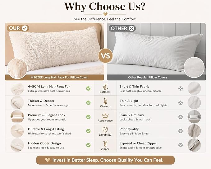Reafort Luxury Long Hair, PV Fur, Faux Fur Body Pillow Cover/Case 21inx54in with Hidden Zipper Closure (Cream, 21inX 54in Pillow Cover)