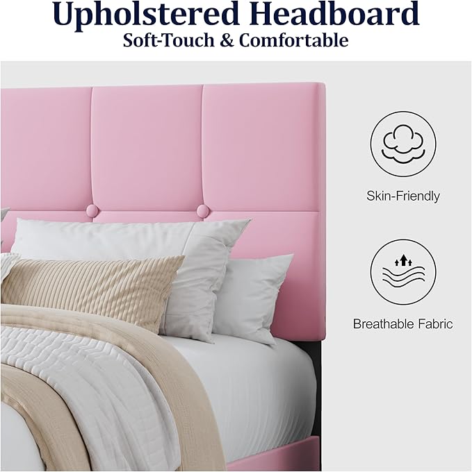 Queen Bed Frame, Velvet-Upholstered Platform Bed Frame with Tufted Button Headboard, Sturdy Slatted Mattress Base, No Spring Mattress Required, Easy to Assemble, Pink