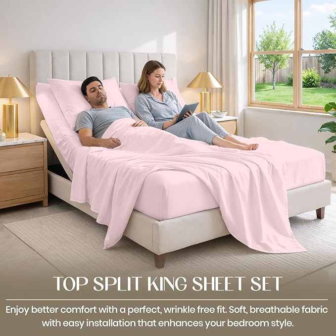 SGI bedding 32" Queen Split Top Flex Head Sheet 100% Egyptian Cotton 1000 Thread Count Flex Top Sheet for Adjustable Bed 4Pc Sheet Set 15" Deep Pocket for Sleep Number Bed - Blush